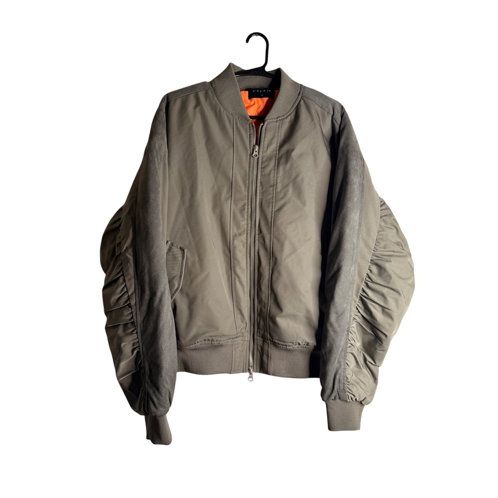 Richie Le MA-1 Bomber Jacket Mens Medium Sage Olive Green Ruched Stacked Sleeve